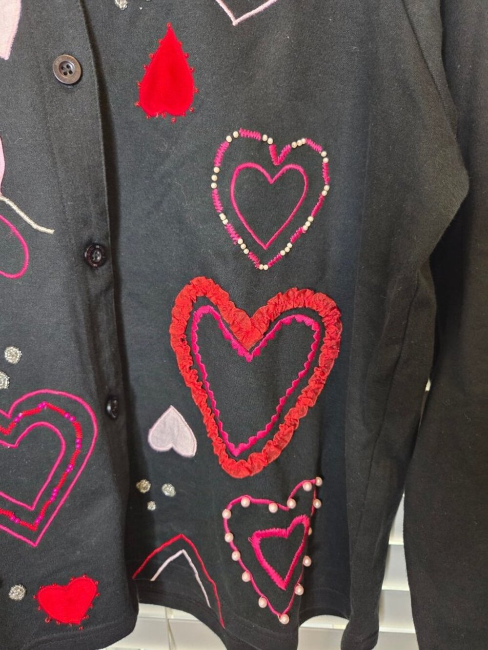 VTG 90s Michael Simon Womens Black Cardigan Hearts Embroidered M Beaded - Picture 6 of 9
